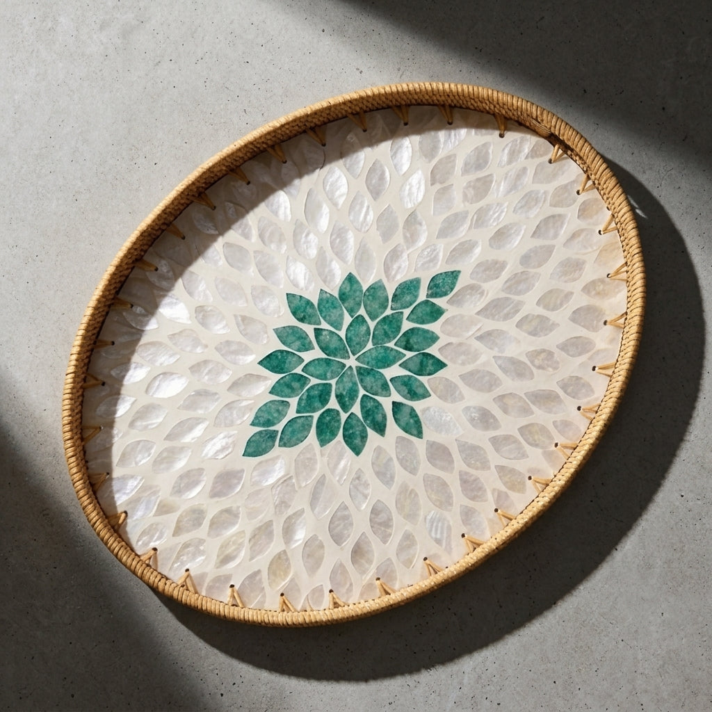 Handcrafted Oval Rattan & Mother-of-Pearl Shell Mosaic Tray - Green Sunburst