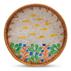 Artisanal Woven Rattan and Coastal Fish Shell Mosaic Tray