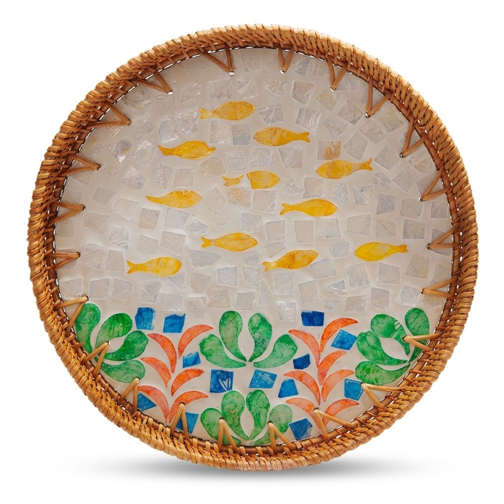 Artisanal Woven Rattan and Coastal Fish Shell Mosaic Tray