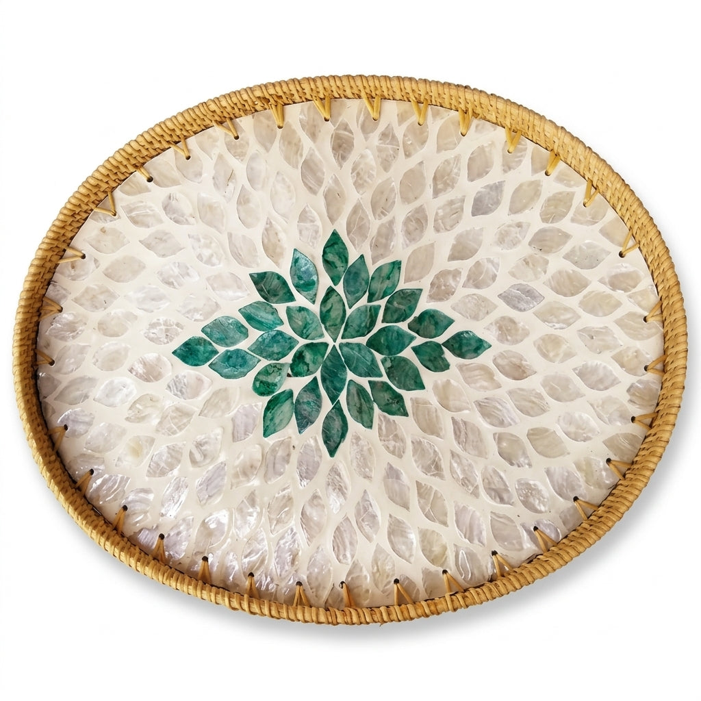Handcrafted Oval Rattan & Mother-of-Pearl Shell Mosaic Tray - Green Sunburst