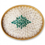 Handcrafted Oval Rattan & Mother-of-Pearl Shell Mosaic Tray - Green Sunburst