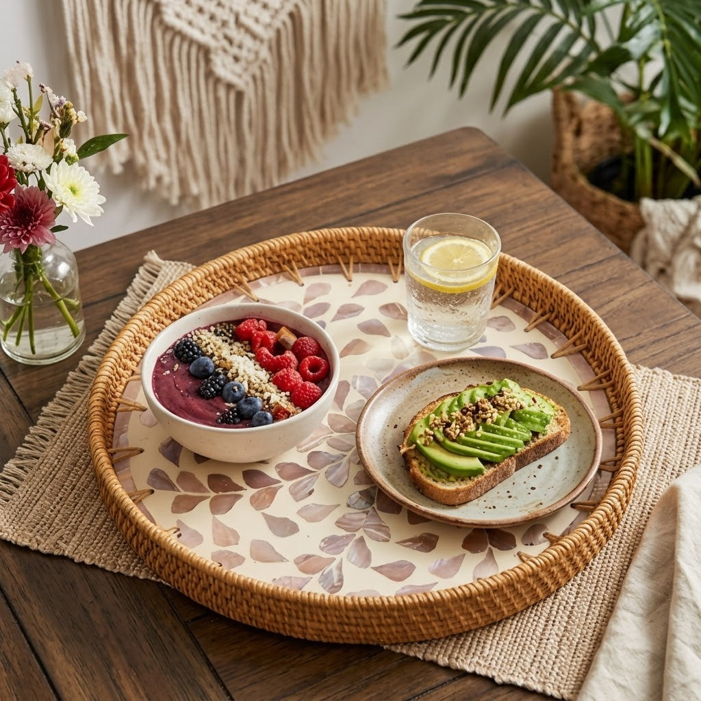 Artisanal Woven Rattan and Blush Capiz Shell Tray