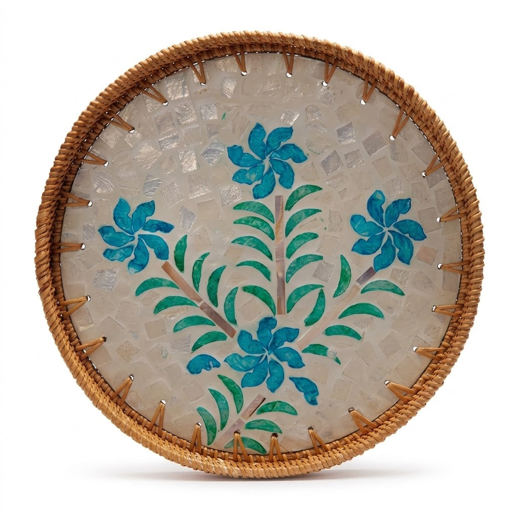 Artisanal Woven Rattan and Blue Floral Shell Mosaic Tray