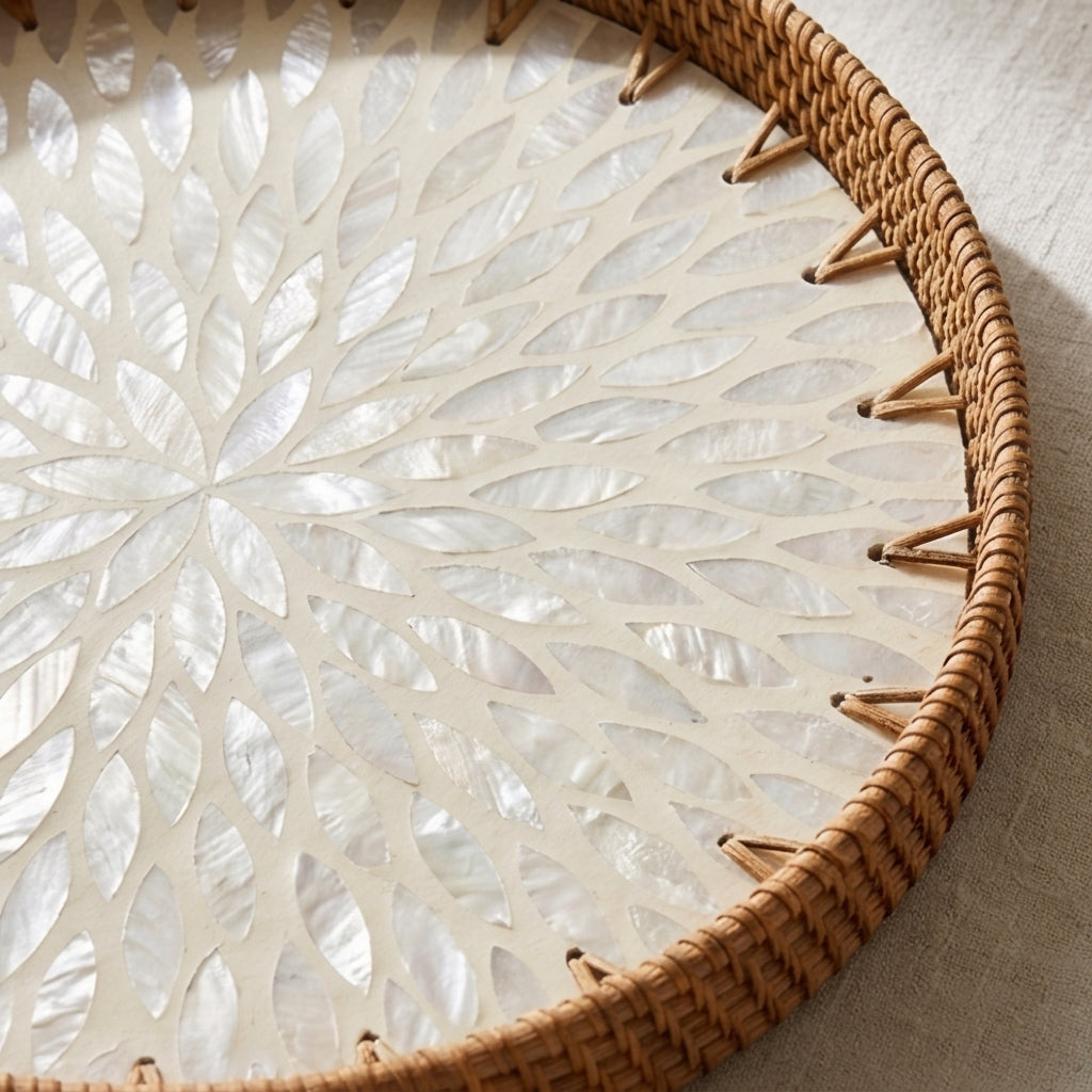 Artisanal Woven Rattan and White Shell Sunburst Tray