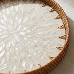 Artisanal Woven Rattan and White Shell Sunburst Tray