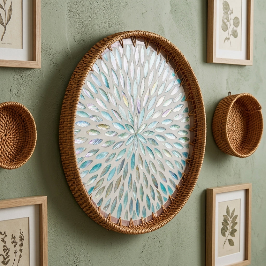Radiant Starburst Shell Mosaic Rattan Tray
