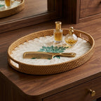 Handcrafted Oval Rattan & Mother-of-Pearl Shell Mosaic Tray - Green Sunburst