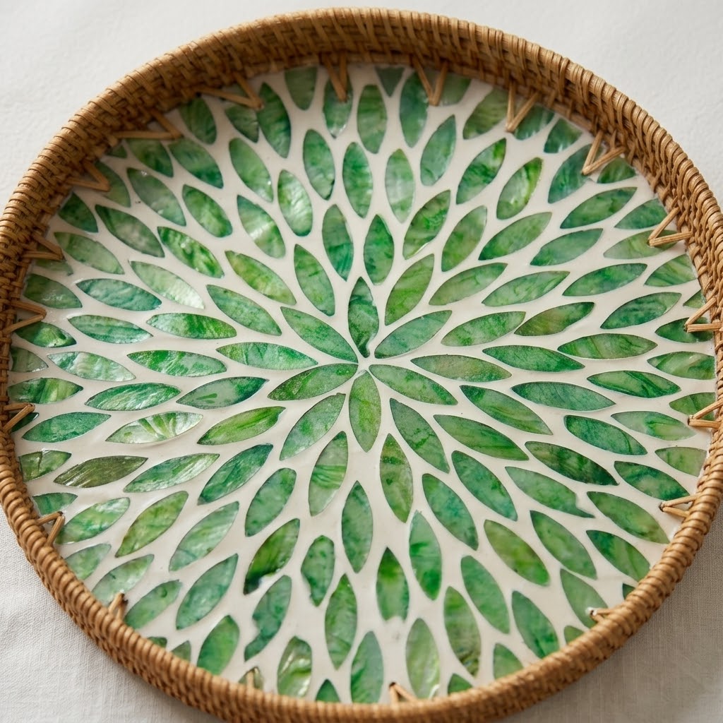 Natural Rattan and Green Mosaic Petal Tray