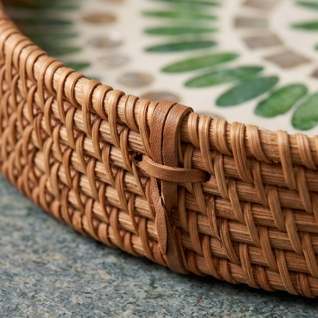Handcrafted Woven Rattan and Green Shell Mandala Tray