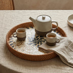 Artisan Round Woven Rattan Tray with Mixed Shell Mosaic and Sunburst Inlay
