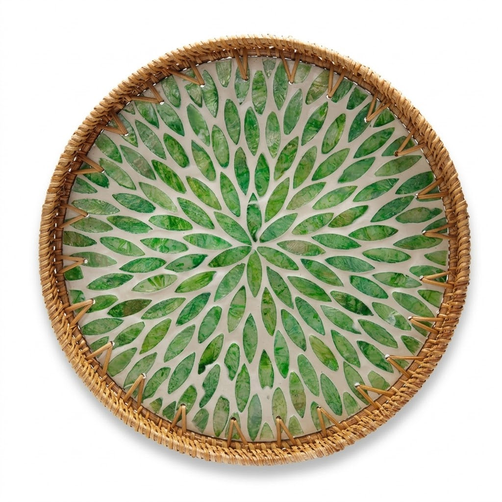Natural Rattan and Green Mosaic Petal Tray