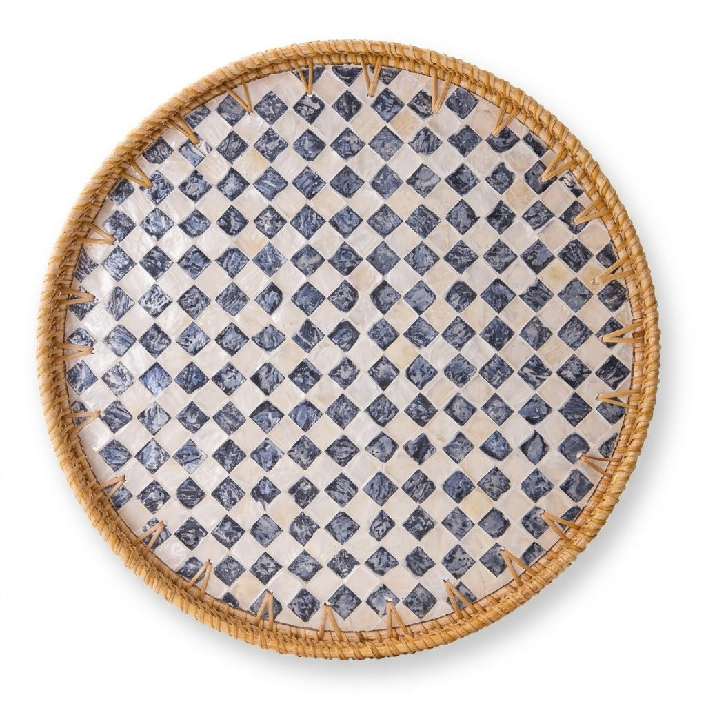 Woven Rattan and Diamond Shell Mosaic Tray