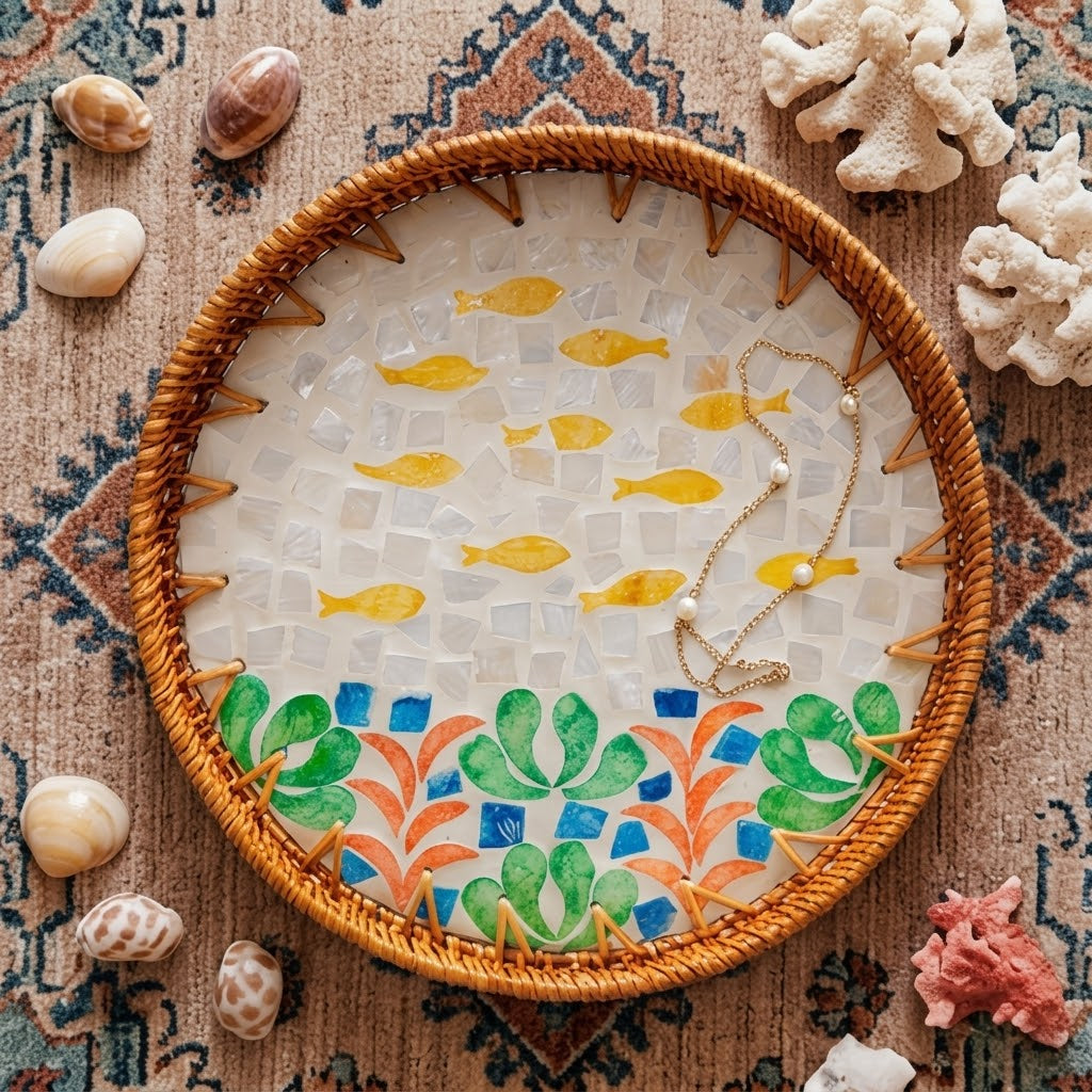 Artisanal Woven Rattan and Coastal Fish Shell Mosaic Tray