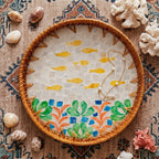 Artisanal Woven Rattan and Coastal Fish Shell Mosaic Tray