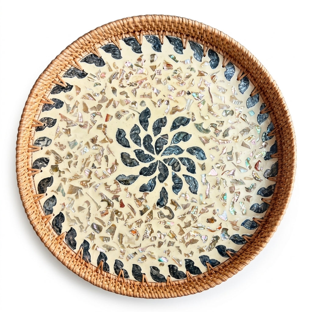 Artisan Round Woven Rattan Tray with Mixed Shell Mosaic and Sunburst Inlay