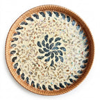 Artisan Round Woven Rattan Tray with Mixed Shell Mosaic and Sunburst Inlay