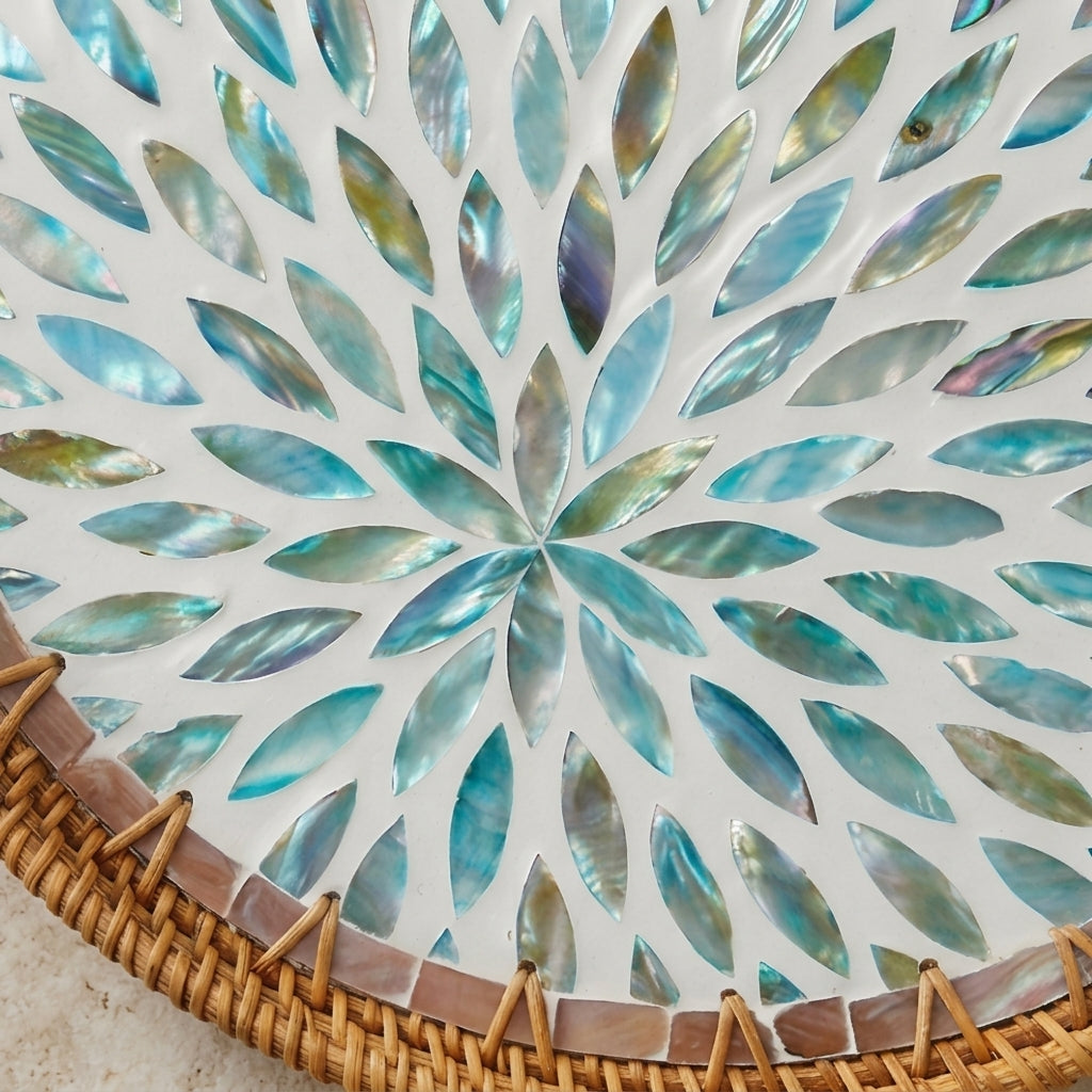 Radiant Starburst Shell Mosaic Rattan Tray