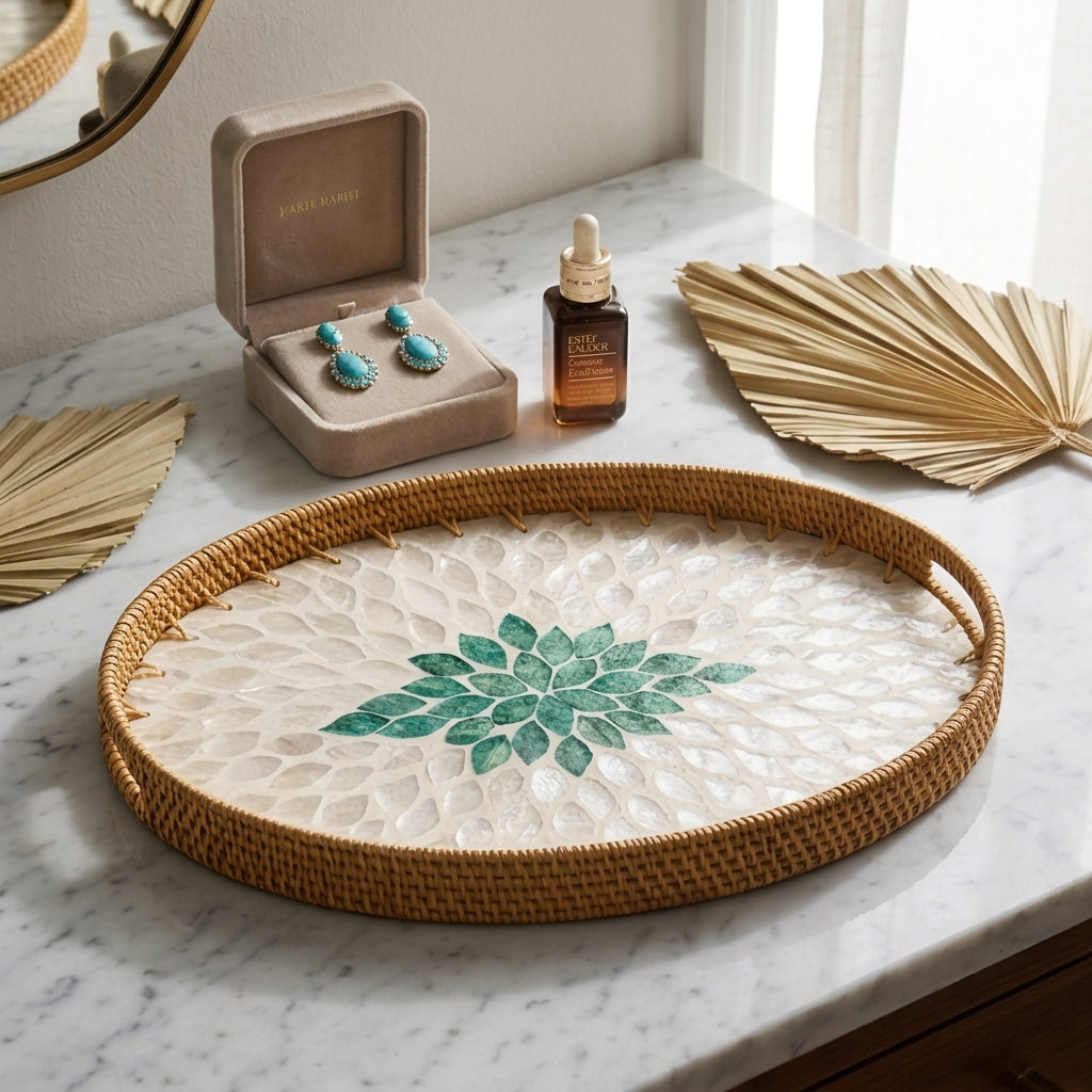 Handcrafted Oval Rattan & Mother-of-Pearl Shell Mosaic Tray - Green Sunburst