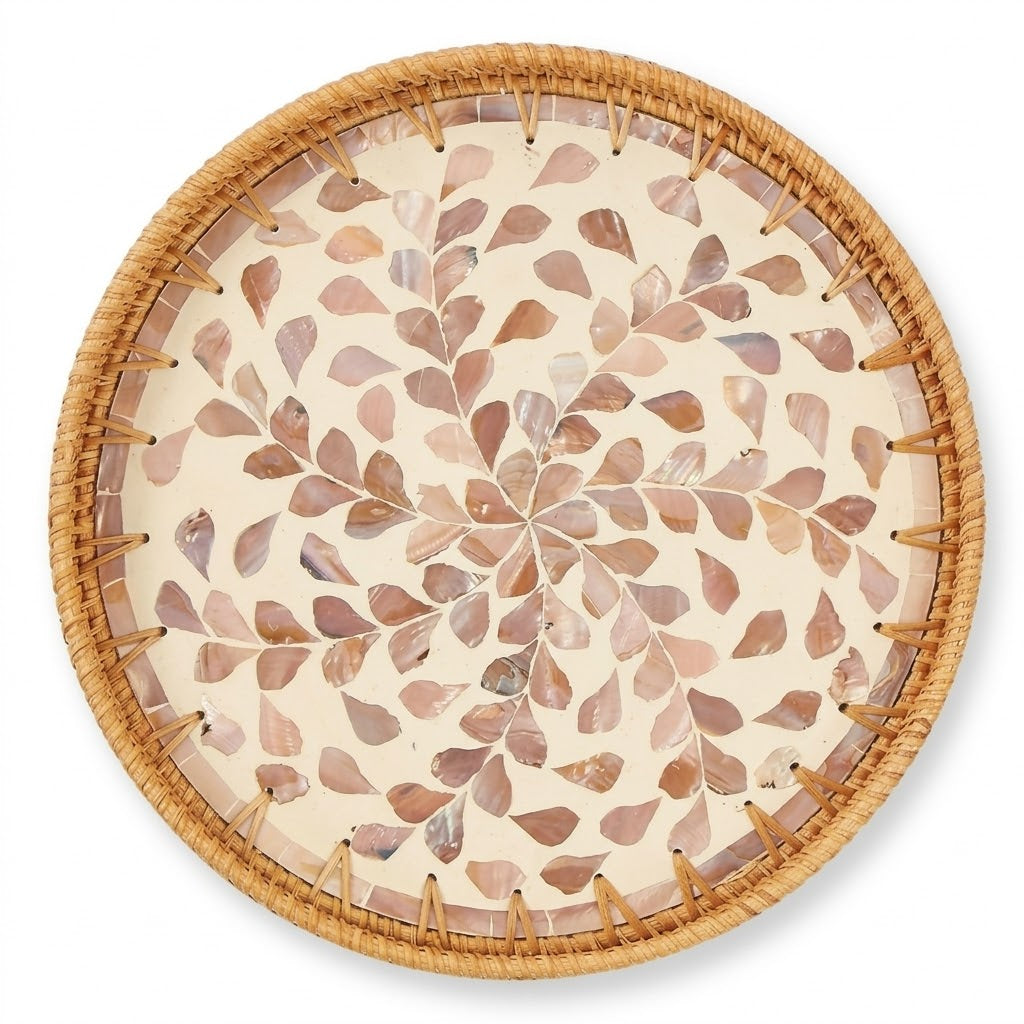 Artisanal Woven Rattan and Blush Capiz Shell Tray