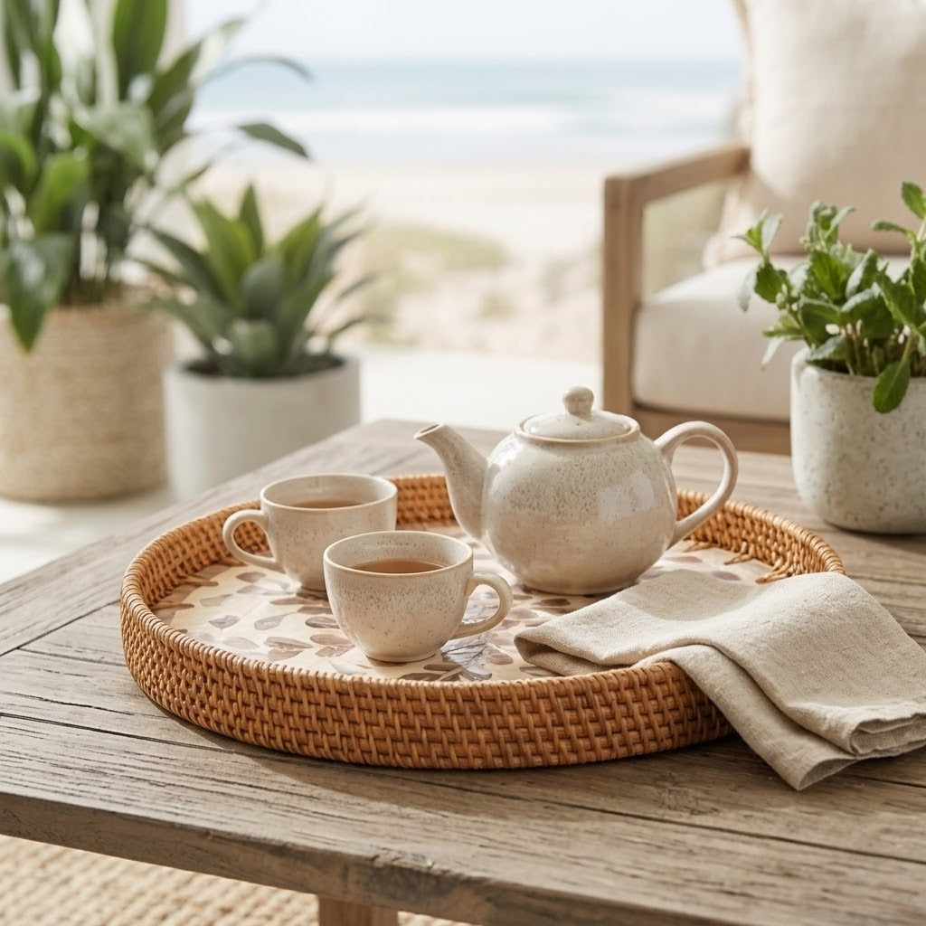 Artisanal Woven Rattan and Blush Capiz Shell Tray
