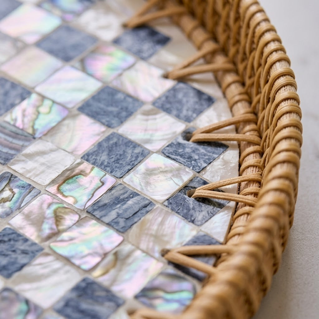 Woven Rattan and Diamond Shell Mosaic Tray