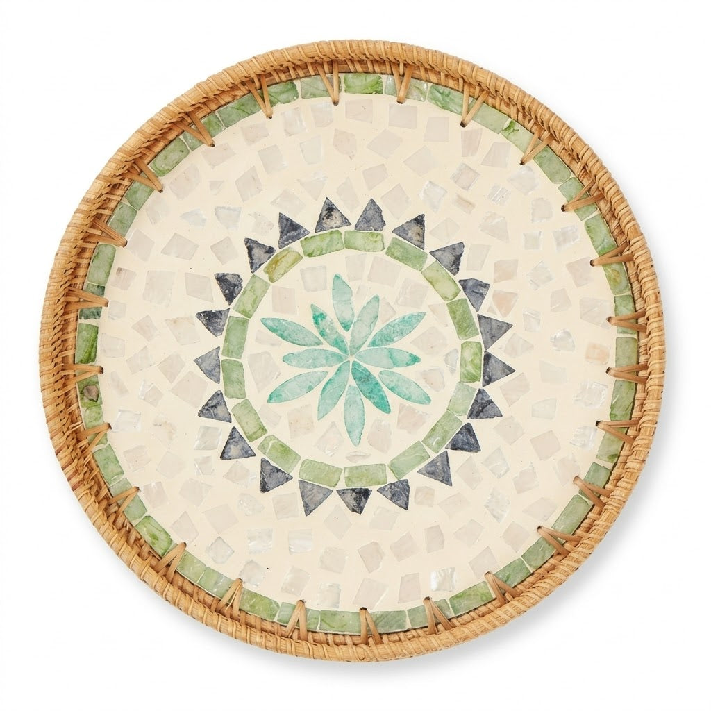 Artisanal Woven Rattan and White Shell Sunburst Tray