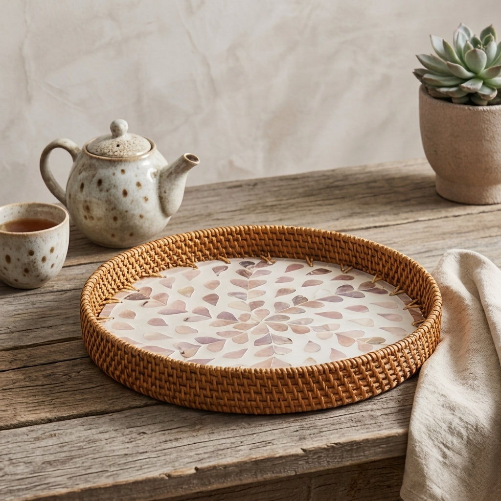 Artisanal Round Rattan Tray with Swirling Pink Shell Mosaic