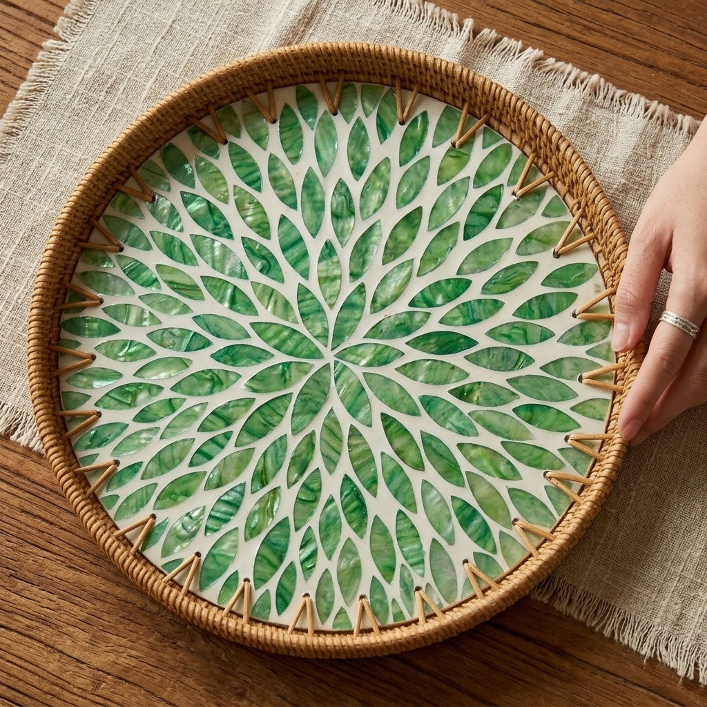 Natural Rattan and Green Mosaic Petal Tray