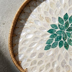 Handcrafted Oval Rattan & Mother-of-Pearl Shell Mosaic Tray - Green Sunburst