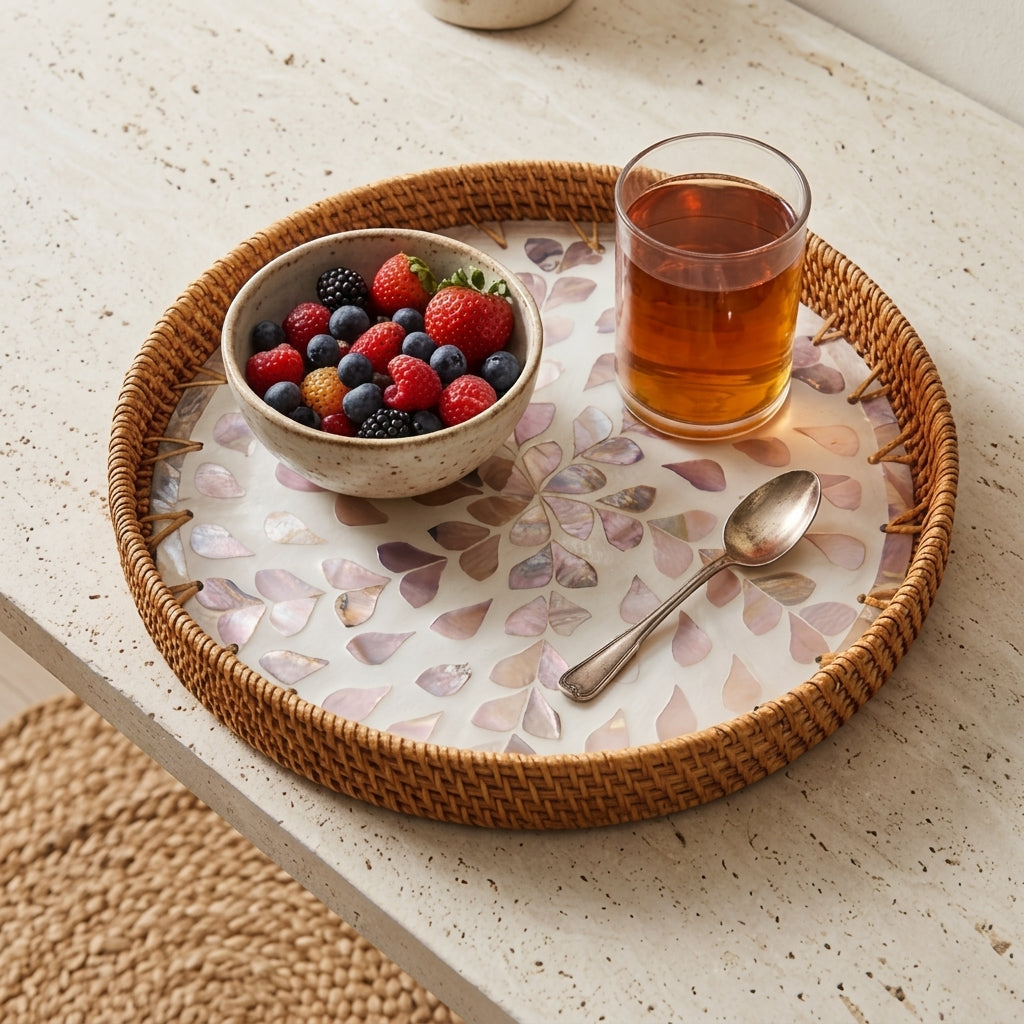 Artisanal Round Rattan Tray with Swirling Pink Shell Mosaic