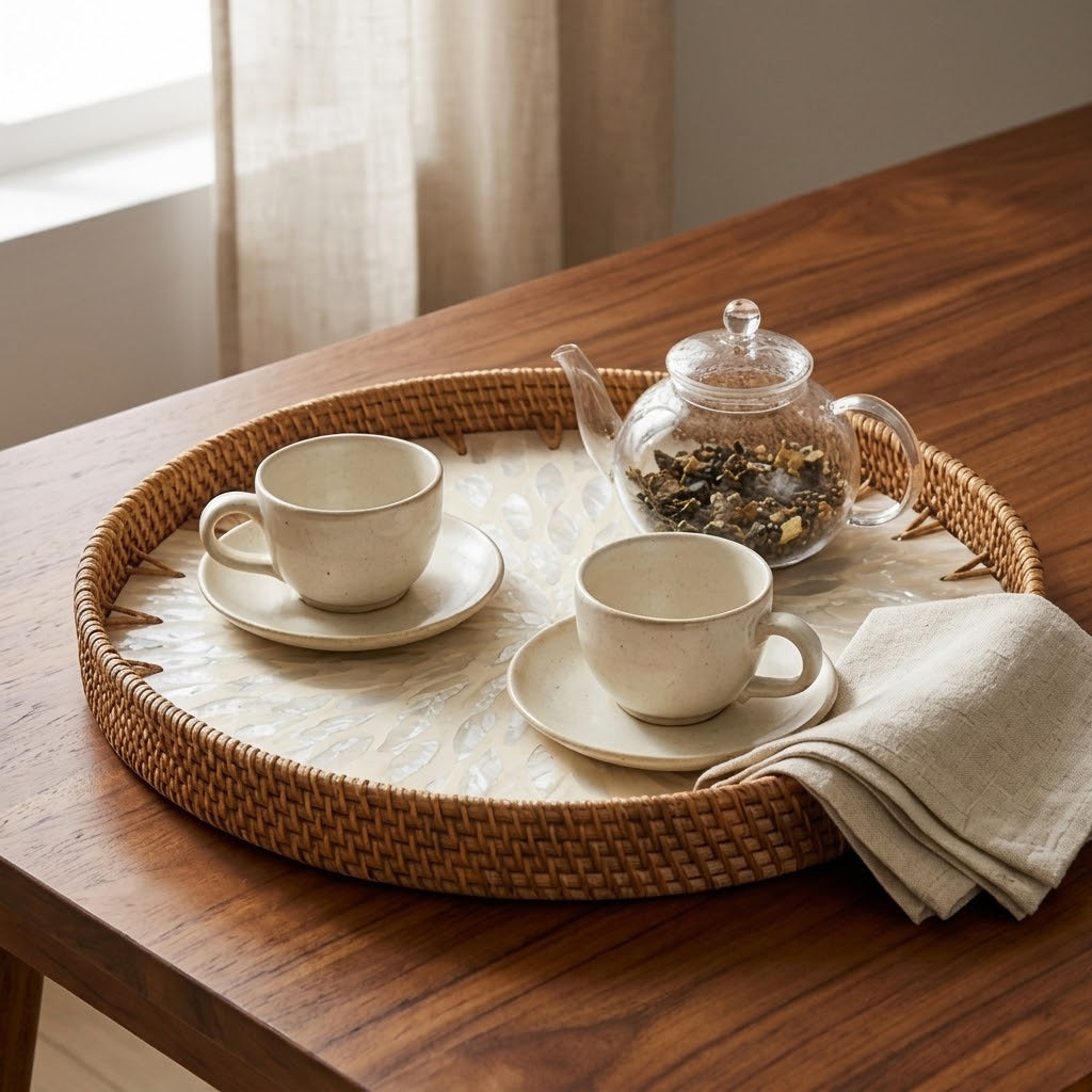 Artisanal Woven Rattan and White Shell Sunburst Tray