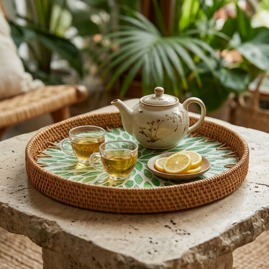 Natural Rattan and Green Mosaic Petal Tray