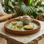 Natural Rattan and Green Mosaic Petal Tray