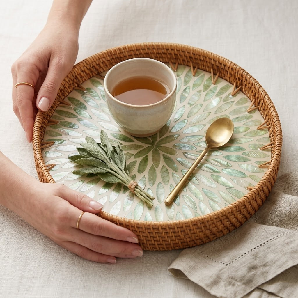 Handwoven Rattan Round Tray with Green Petal Mosaic Inlay