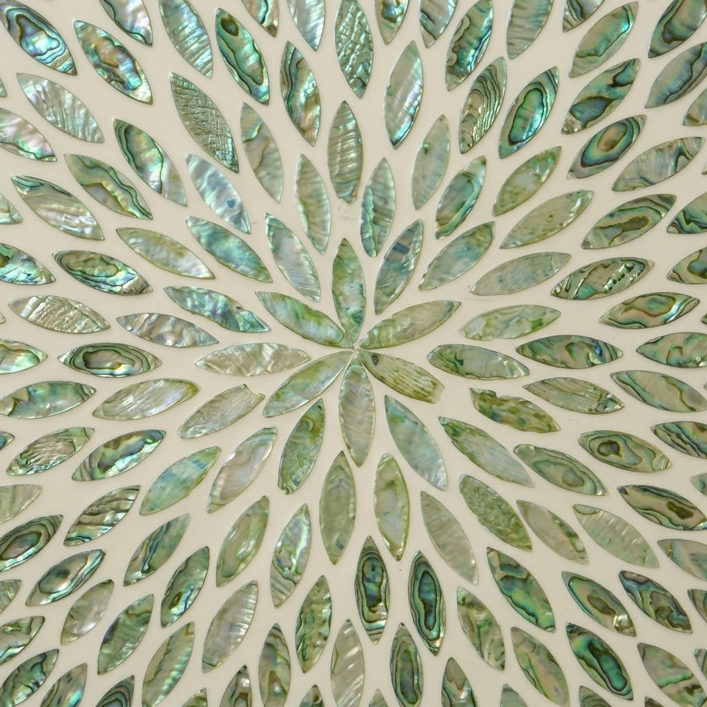 Handwoven Rattan Round Tray with Green Petal Mosaic Inlay